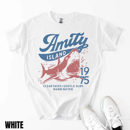 Jaws Amity Island 1975 T-Shirt – Retro Movie Inspired Graphic Tee, Remastered Heavy Cotton Film Buff Top, Soft Lived-In Vintage Summer Beach Shirt, Made in USA - - T-Shirt