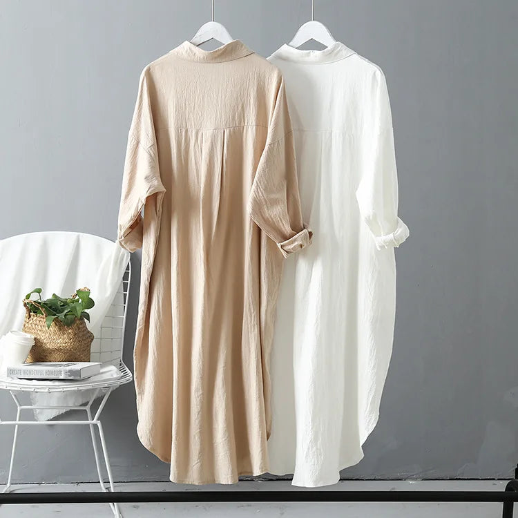 Women Casual Linen Cotton Loose Long Sleeve T Shirts Tops Midi Length Blouse