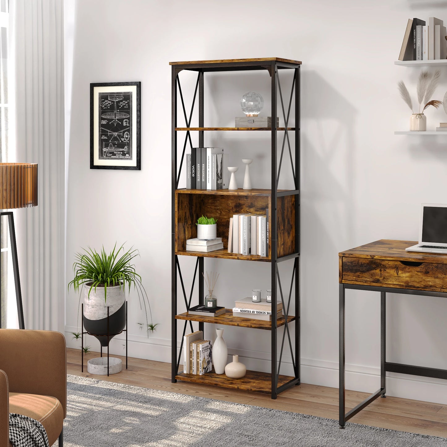 BESTIER Metal Frame Industrial Vintage 5-Tier Shelf