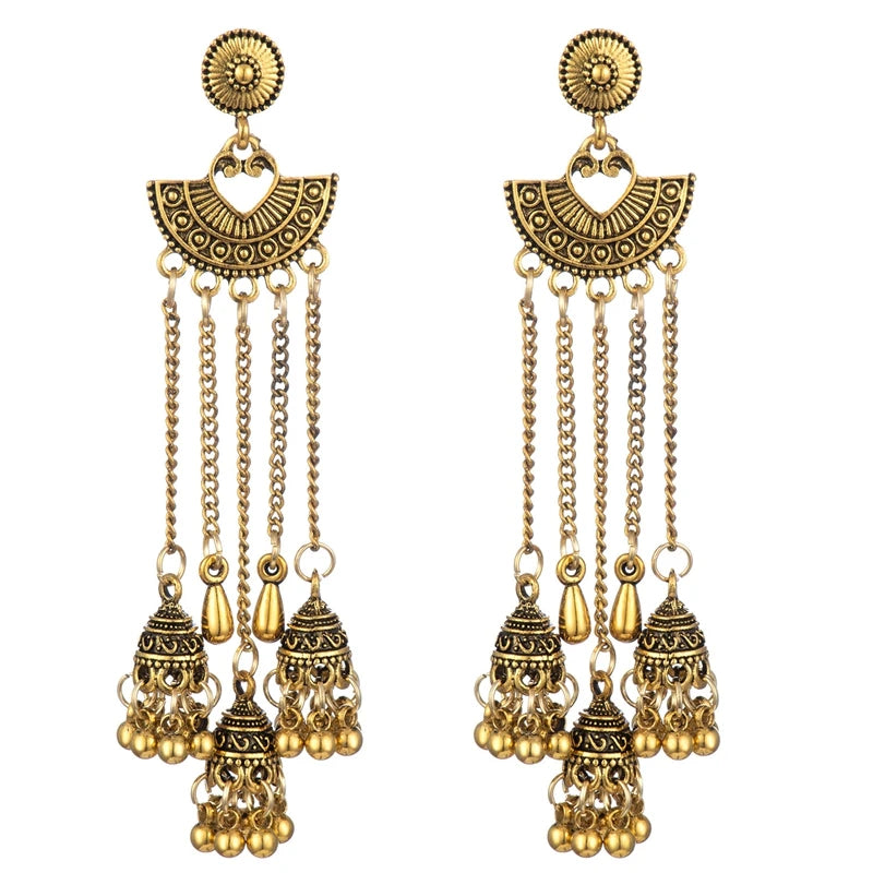 Vintage Beads Tassel Long Earrings Antique Gold Jhumka Earrings