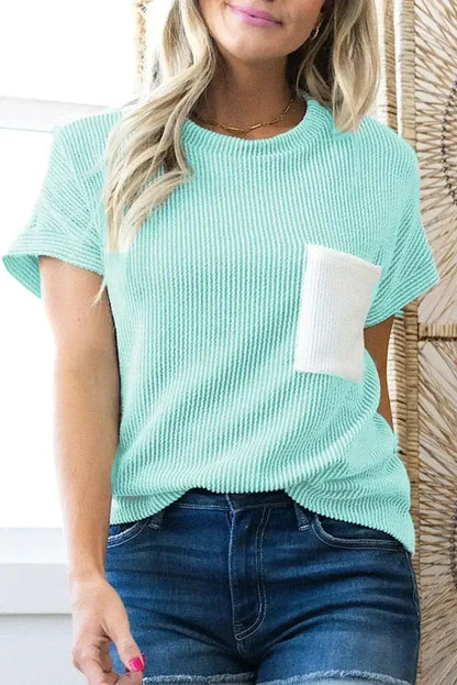 Pink Corded Colorblock Pocket Crew Neck T Shirt - - T Shirts