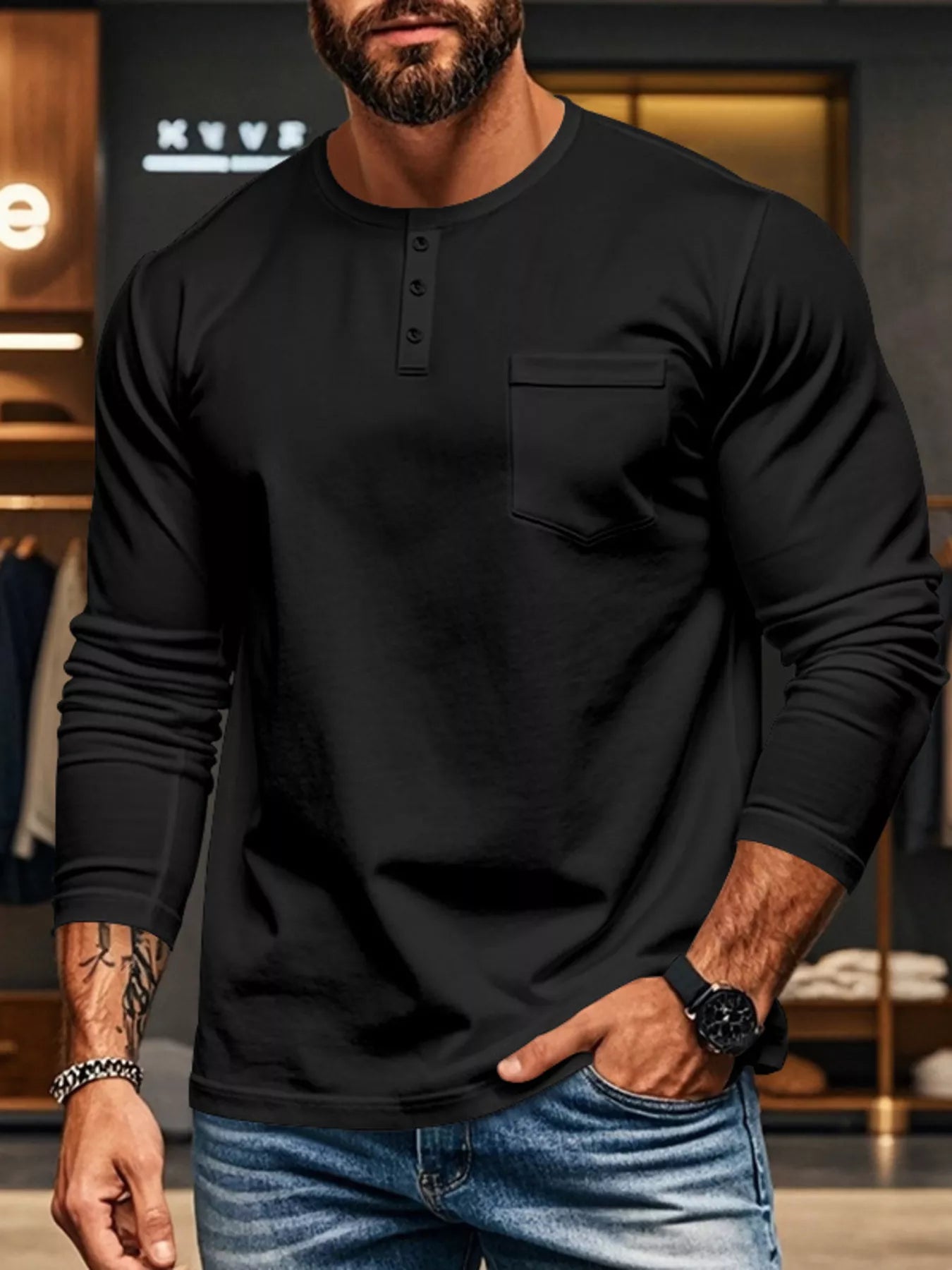 Men's Plus Size Casual Long Sleeve Henley T-Shirt with Pocket - -