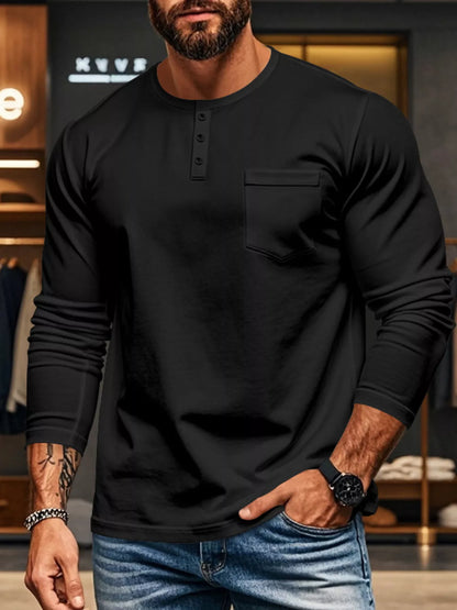 Men's Plus Size Casual Long Sleeve Henley T-Shirt with Pocket - -