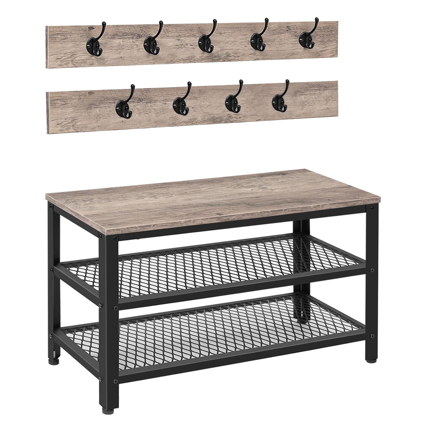 HOOBRO Storage Bench Shoe Rack Organizer with Coat Hooks 3-in-1 Design Black Metal Frame - Greige + Black 28.7"L x 11.8"W x 17.5"H - storage bench