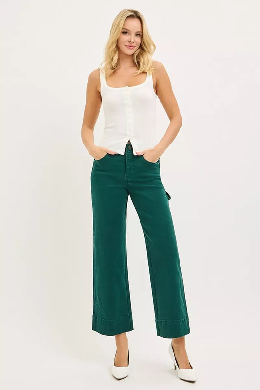 RISEN Tummy Control High Rise Crop Wide No Waist Band Pants - - jeans
