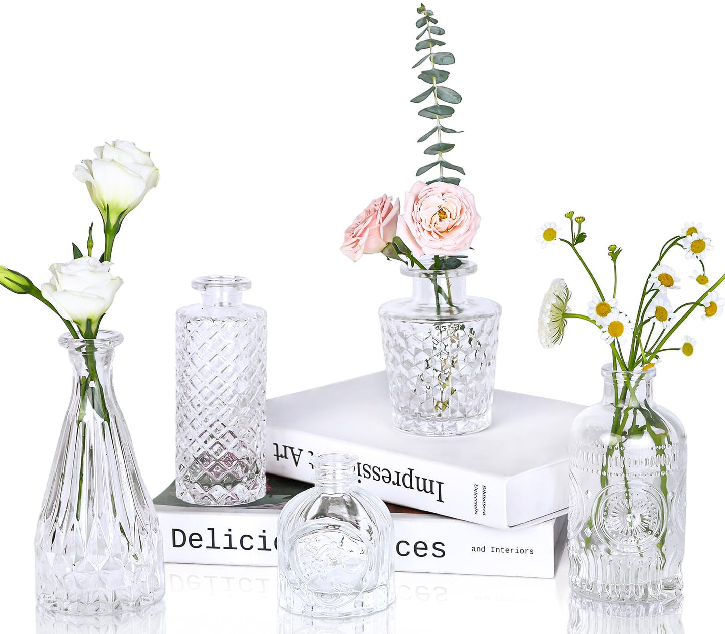 Vintage Mini Glass Vases - Set of 5 - Clear 5pcs - vases
