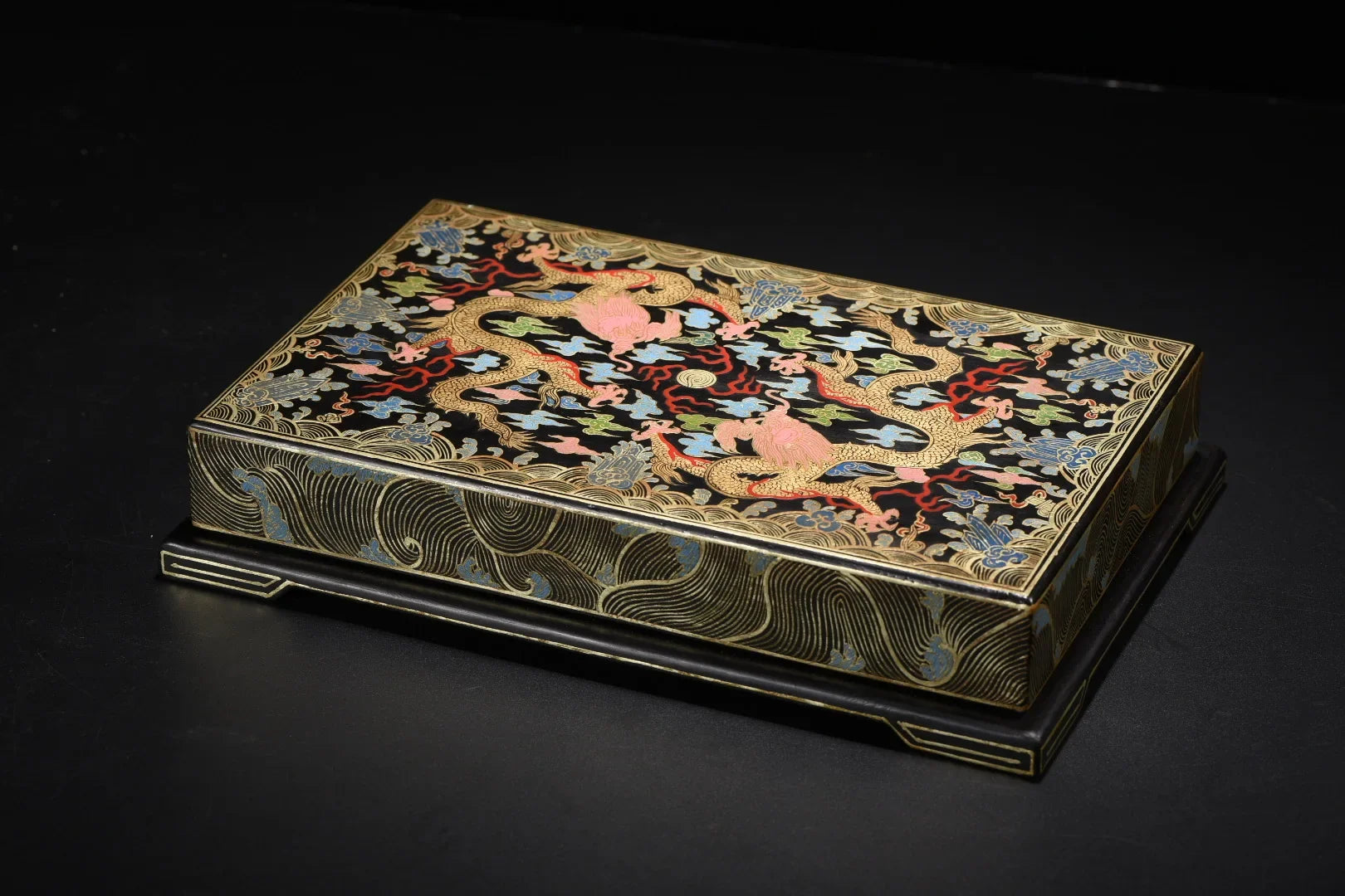 Old Wood Lacquer Wenfang Box – Gold-Outline Floral Dragon Storage - - Deccorative box