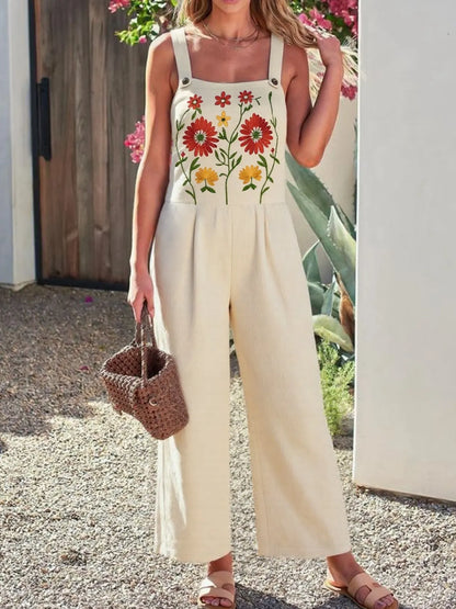 Floral Embroidered Wide Leg Jumpsuit - -