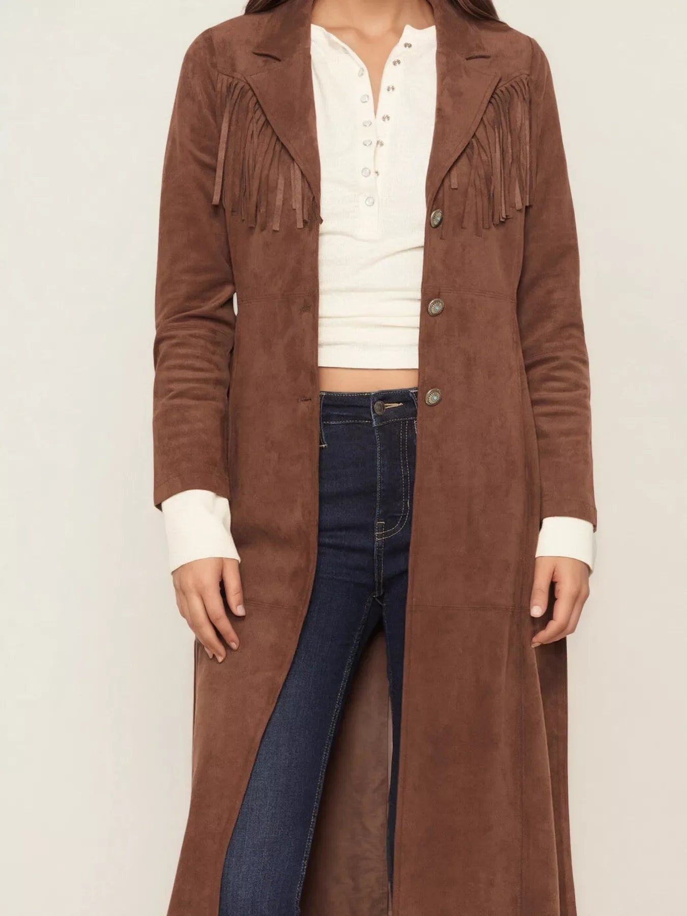 Fringe Lapel Collar Long Sleeve Coat - -
