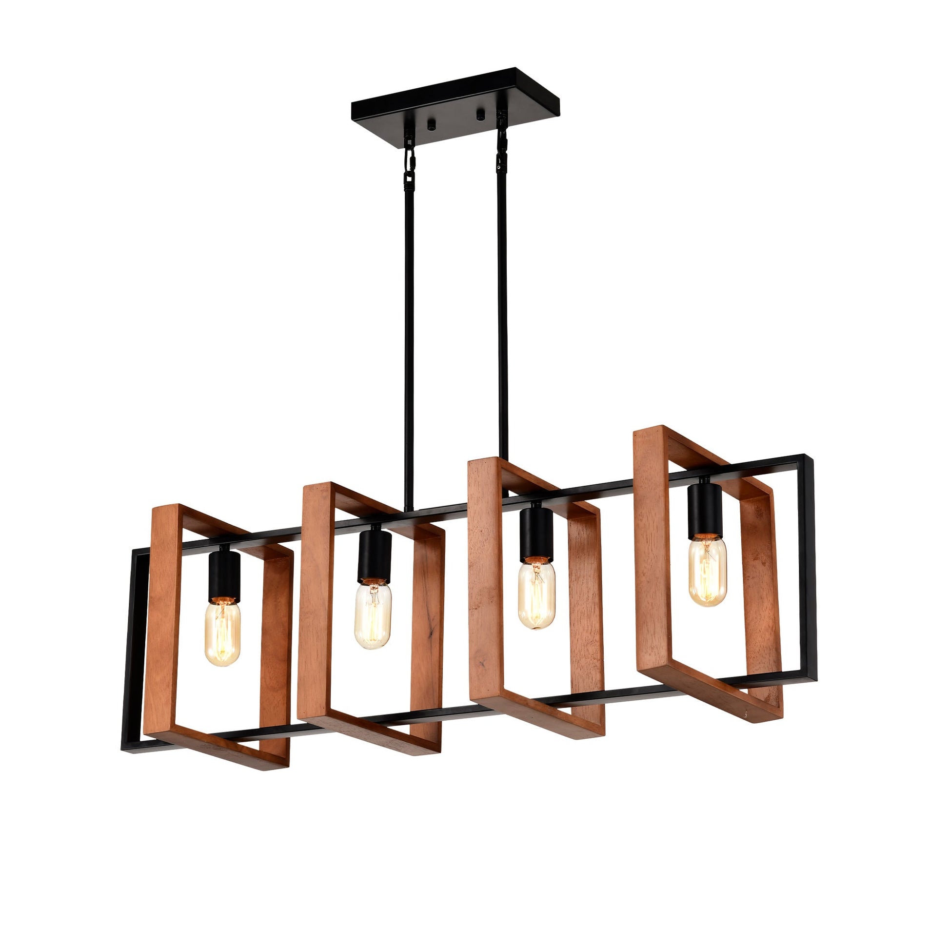 Rustic Wood And Black Metal 4-Light Kitchen Island Dining Room Light Fixture - - light