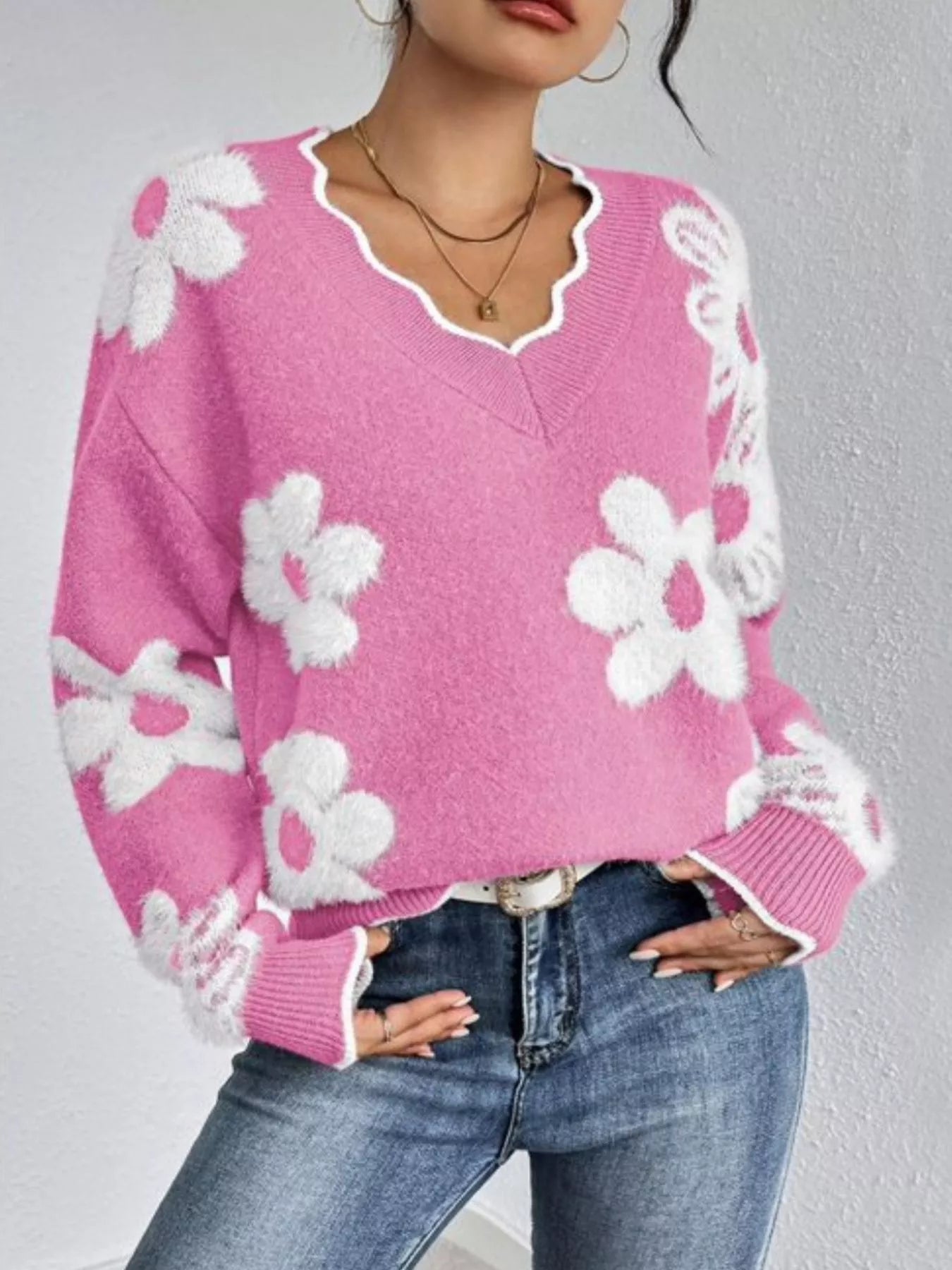 Floral V-Neck Long Sleeve Sweater - Pink -