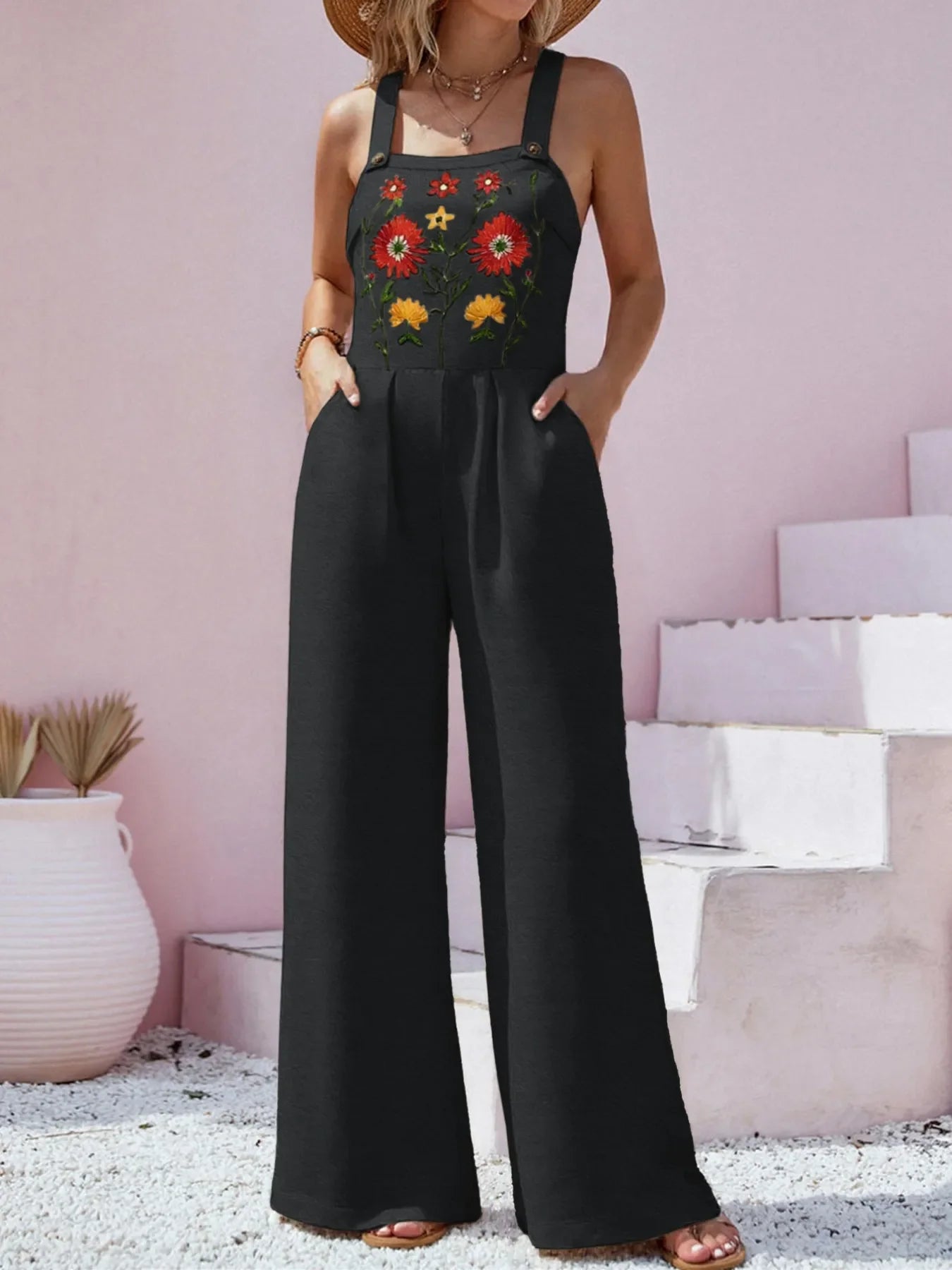 Floral Embroidered Wide Leg Jumpsuit - Black -