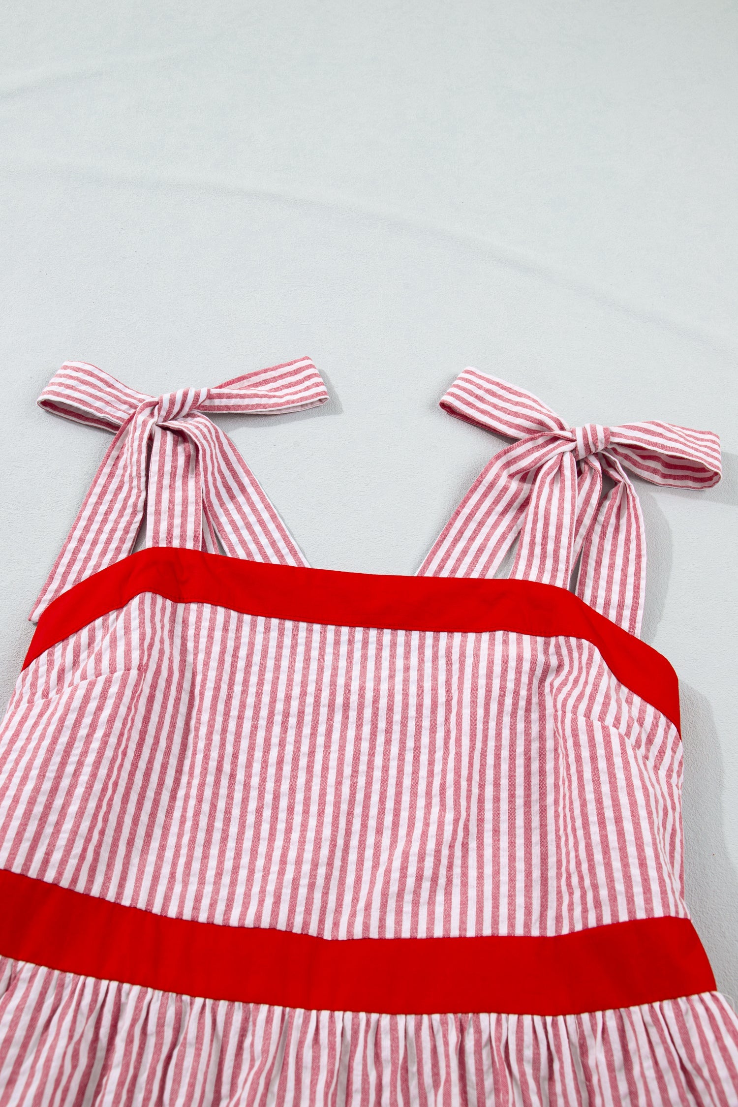Red Stripe Bow Knot Straps Contrast Trim High Waist Ruffle Hem Maxi Dress- I am a Fashion Junky- {{Product type}}