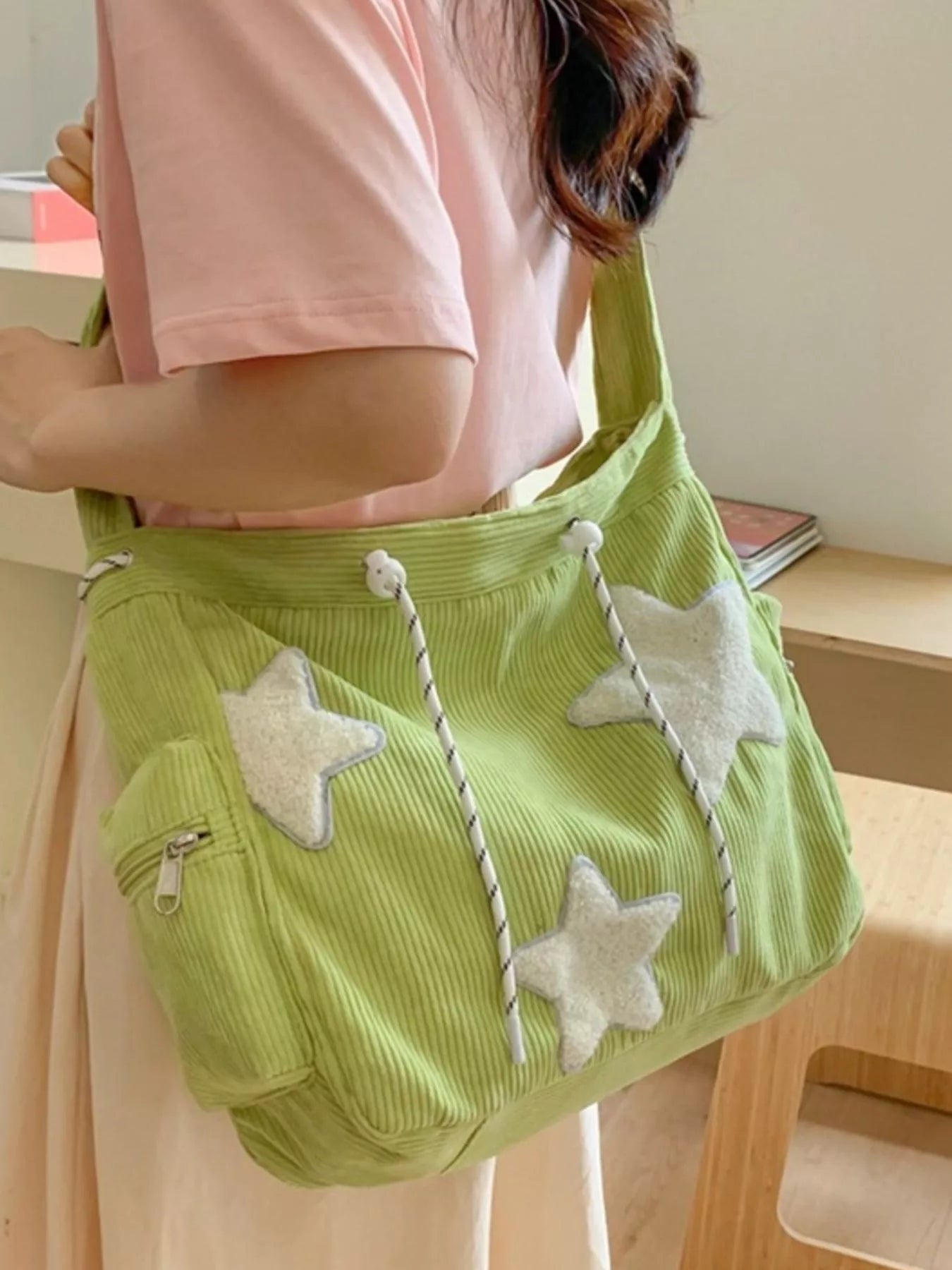 Corduroy Star Applique Casual Crossbody Bag - -