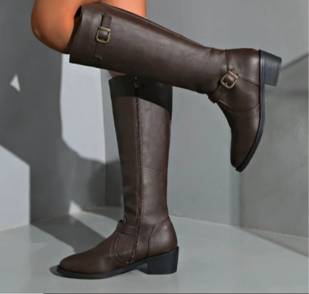 Mid-Calf High Knight Buckle Boots - New Dark Brown 36 - heeled boots