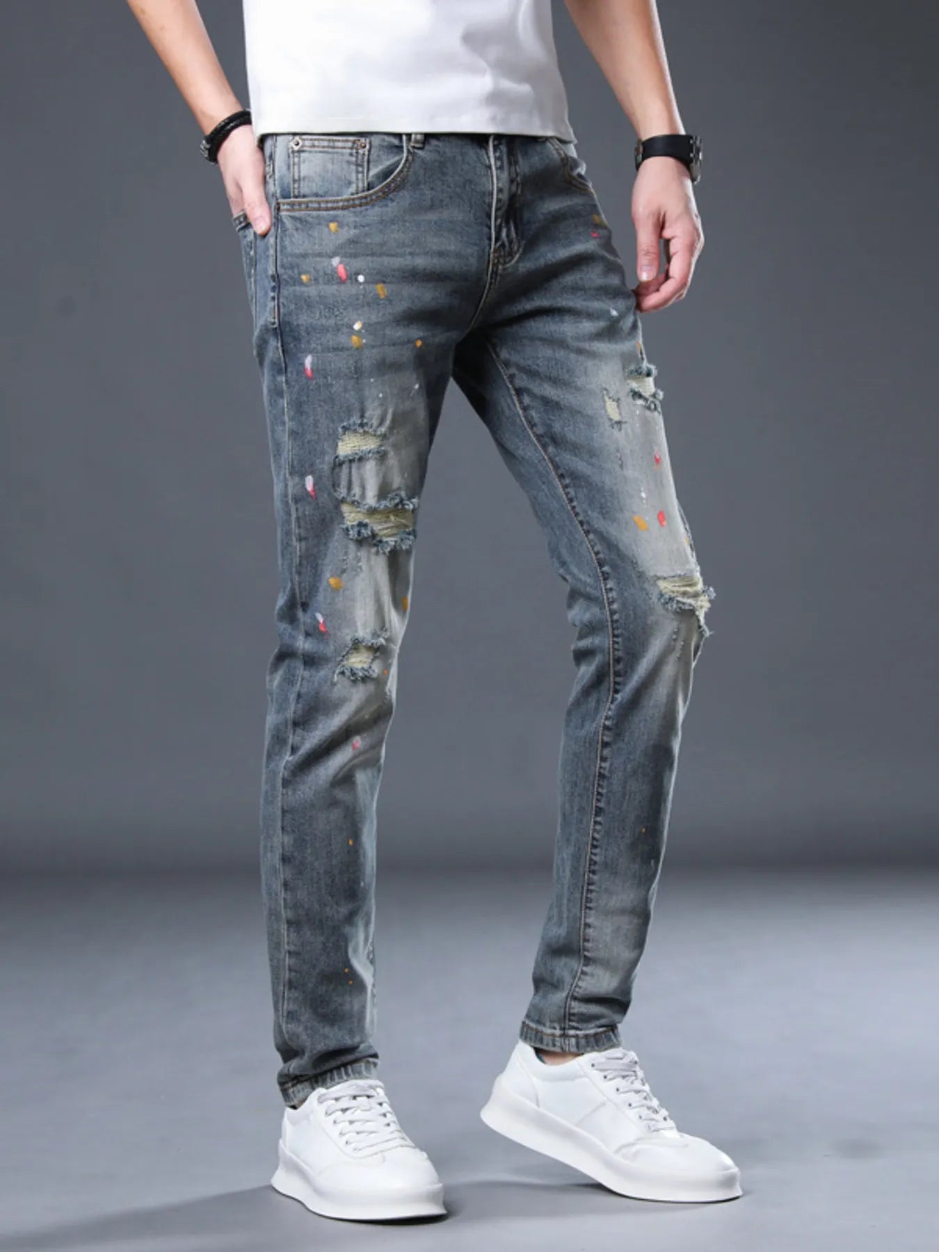 Men's Distressed Slim Fit Jeans - -