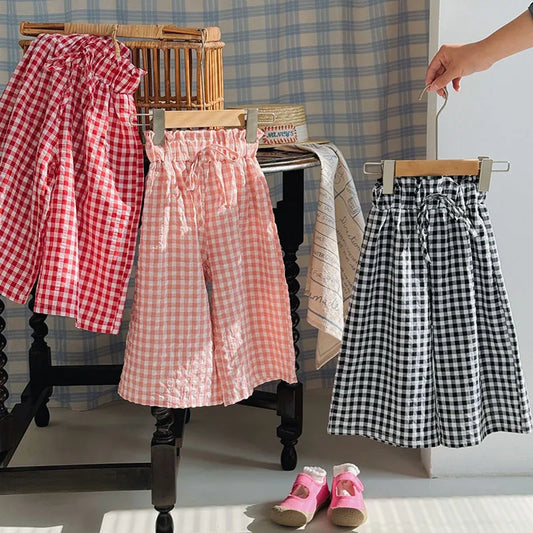 2-10 Years Girls Ankle Length Summer Casual High Waist Plaid Wide Leg Pants