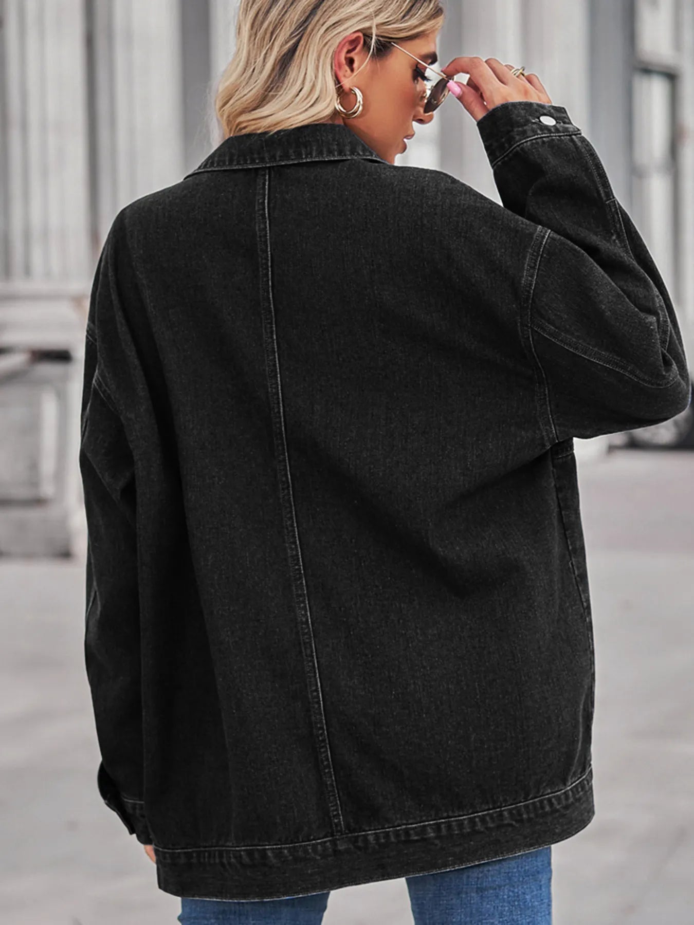 Button Up Long Sleeve Denim Jacket - -
