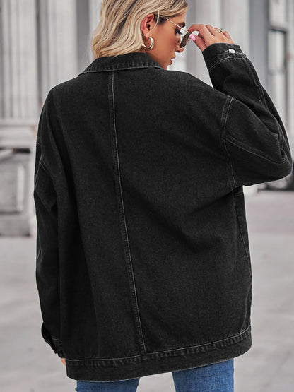 Button Up Long Sleeve Denim Jacket - -