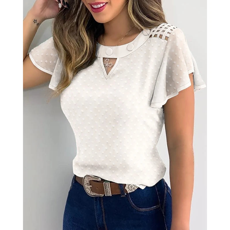 Women's Mesh Ruffled Sleeve Flower Embroidery Cutout Sheer Round Collar Shirt