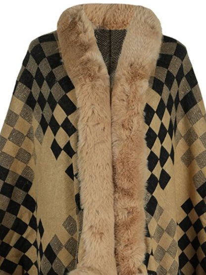 Fuzzy Checkered Long Sleeve Poncho - -
