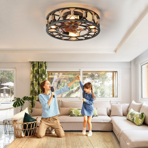 Black Cage Ceiling Fan With Light Remote Control 6 Speed - - fan