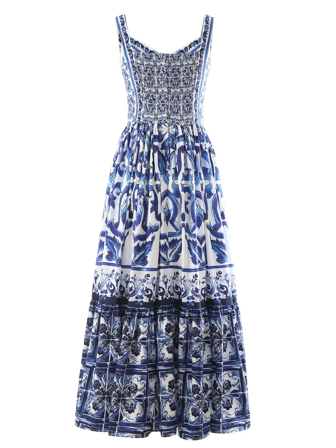 Smocked Printed Wide Strap Dress - -