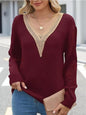 Openwork V-Neck Long Sleeve Sweater - Dark Red -