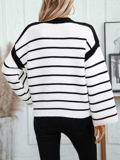 Striped Round Neck Long Sleeve Sweater - -