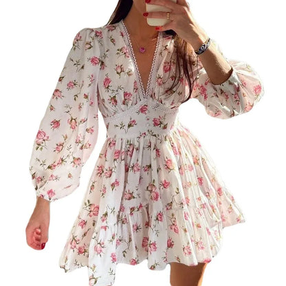 Women's Dress Temperament Sweet Printed V-Neck Long Sleeve Lace Dress