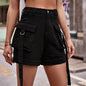 High Waist Denim Cargo Shorts - Black -
