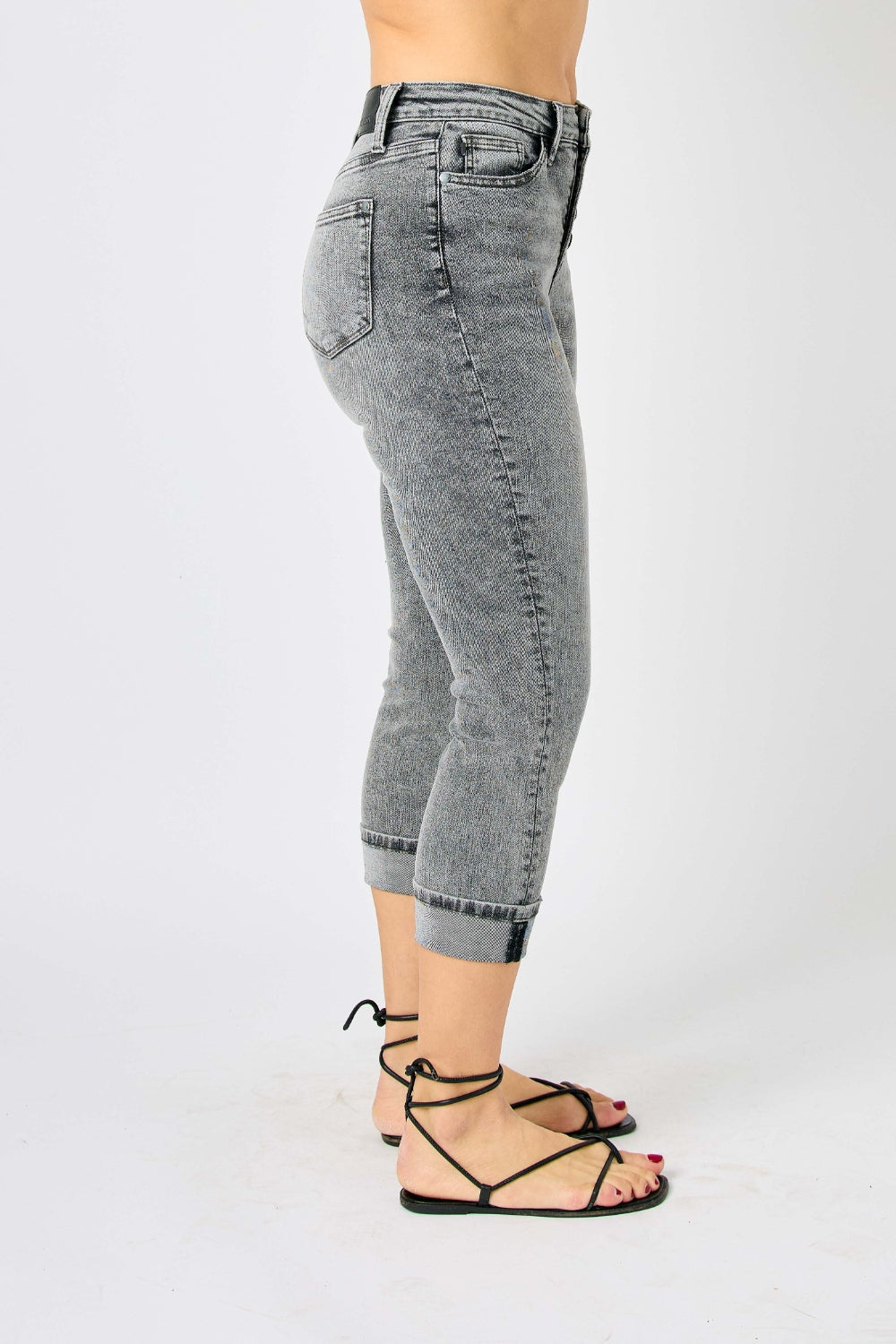 Judy Blue Sasha High Waist Cuffed Button Fly Gray Denim Capri Jeans - - jeans