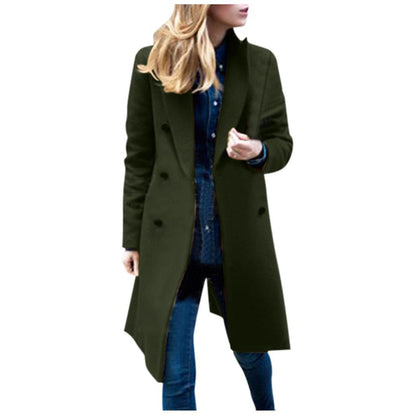 Women Lapel Collar Double Breasted Coats Dark green