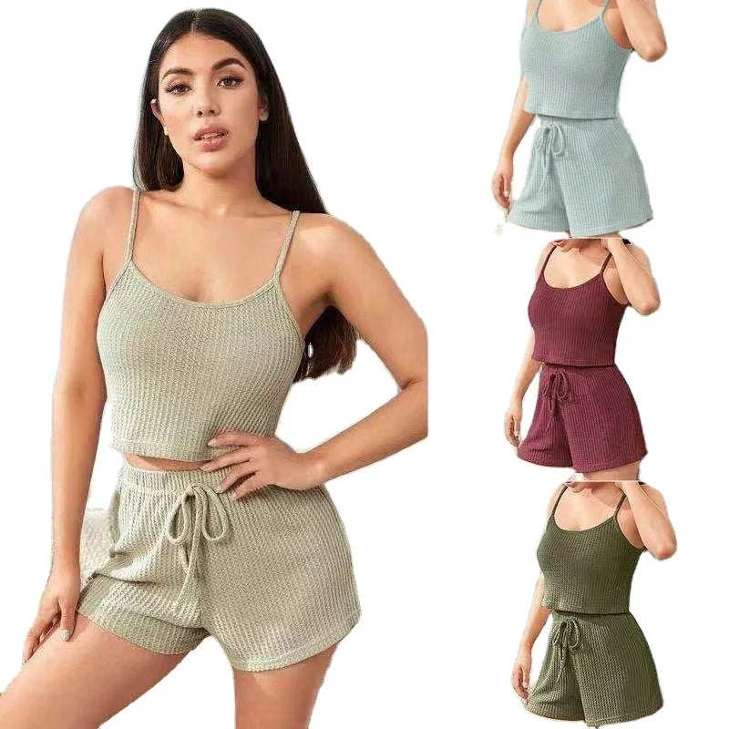 Women's Home Wear Pajamas Vest Shorts Two Piece Set Ladies Sleepwear Set