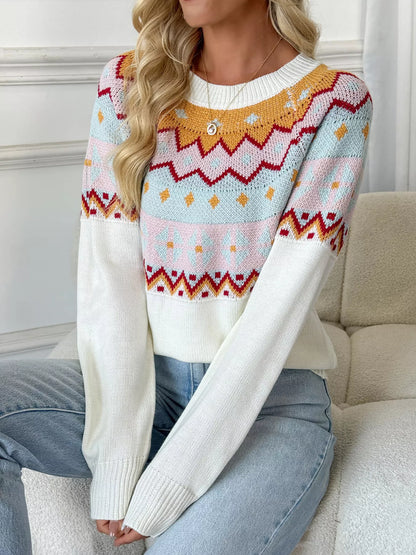 Geometric Round Neck Long Sleeve Sweater - -
