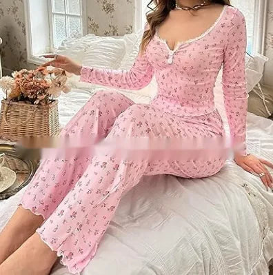 Floral Print Lettuce Edge Lace Collar Button Pajamas - Kia Day Design