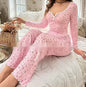 Floral Print Lettuce Edge Lace Collar Button Pajamas - Kia Day Design
