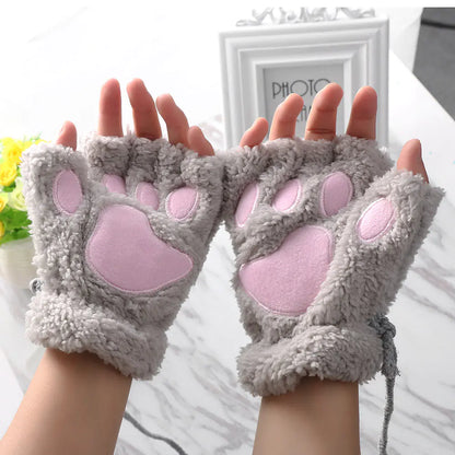 Fluffy Cat Paw Gloves Grey