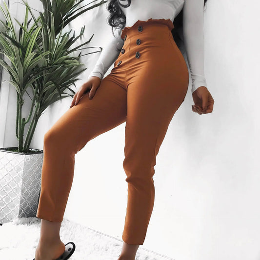 Slim-Fit Casual Pants with Lace Button Design - Kia Day Design