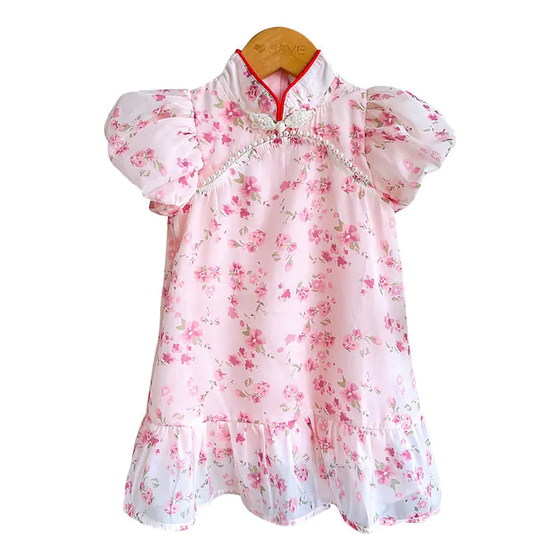 Summer Pearl Crystal Button Qipao Dress for Girls - Kia Day Design