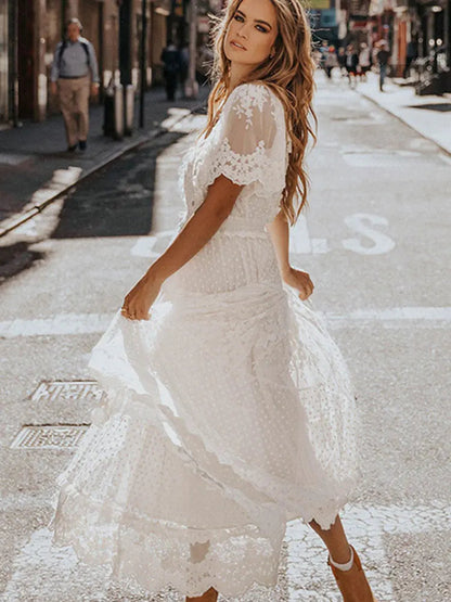 Hollow Out White Lace Long Dress - Kia Day Design