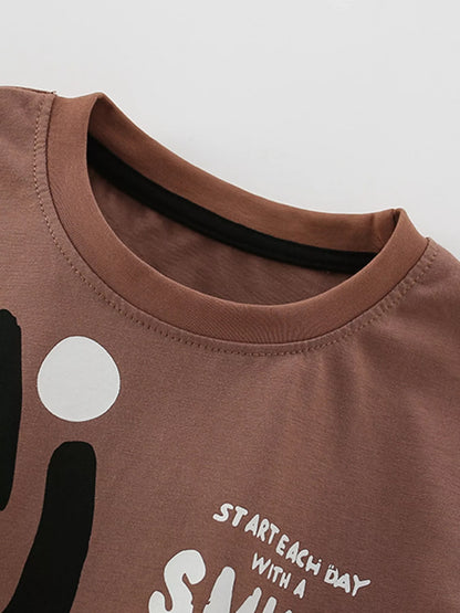 Children's Smile Print Tee and Shorts Casual Set - -