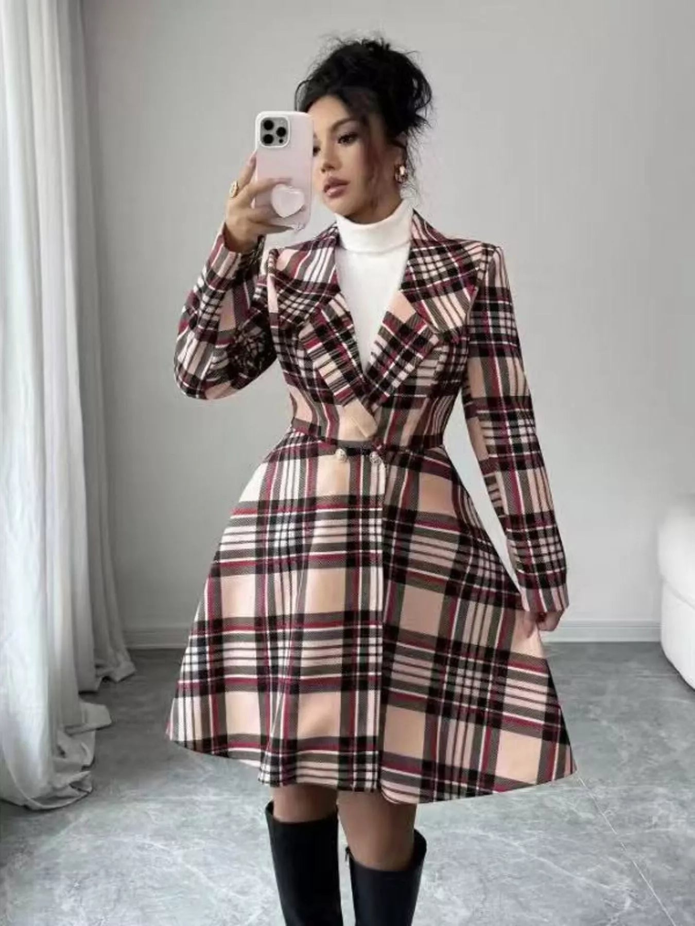 Plaid Button Up Long Sleeve Coat - -