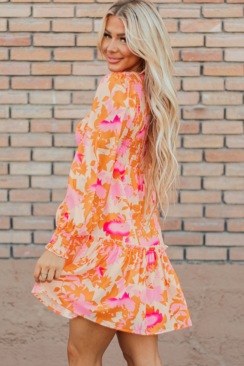 Orange Abstract Print Smocked Lantern Sleeve Ruffle Mini Dress - - Dresses/Mini Dresses