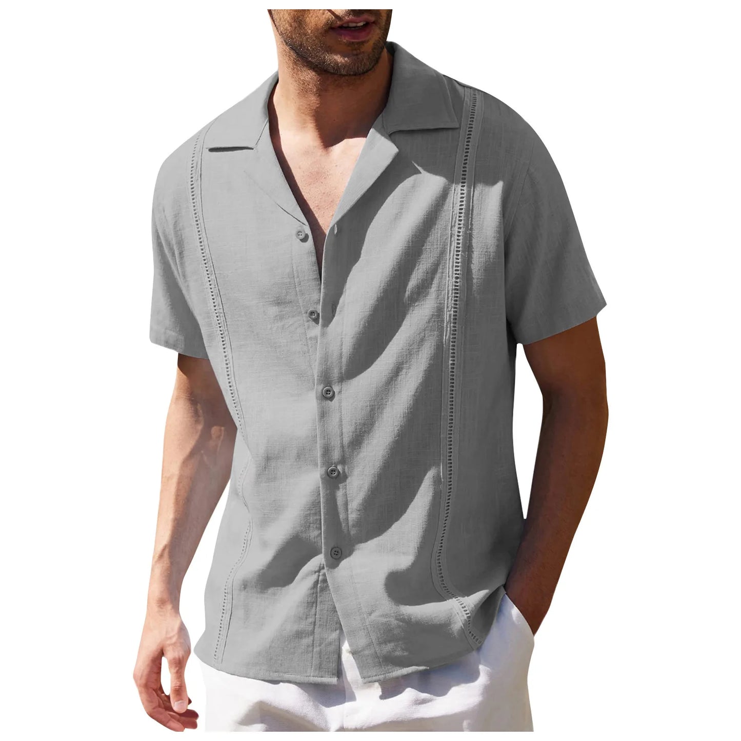 Men's Loose Casual Linen Shirt Cuba Guayabella Short-Sleeved Beach Shirt Men