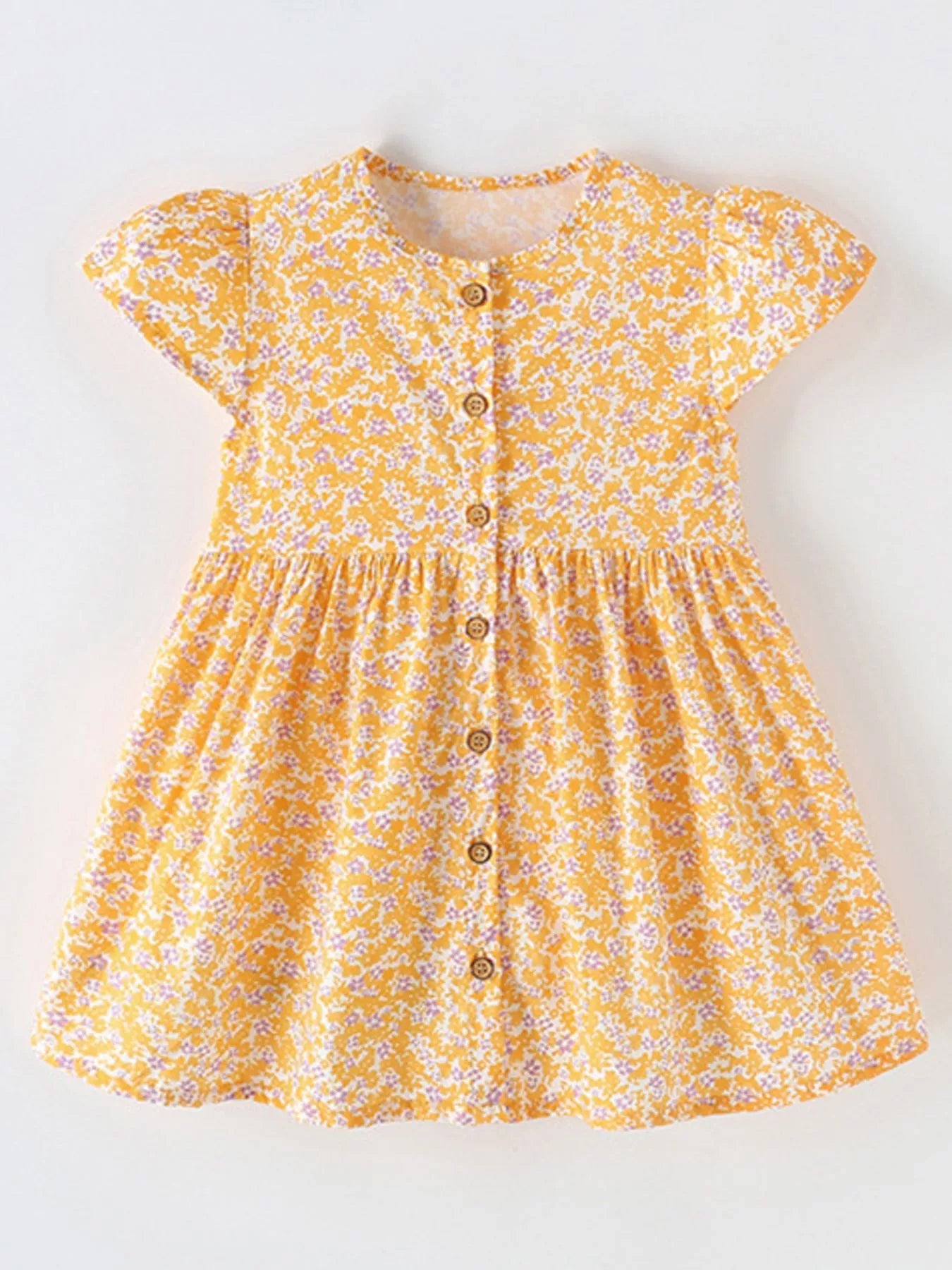 Children's Floral Print Button-Front Flutter Sleeve Dress - -