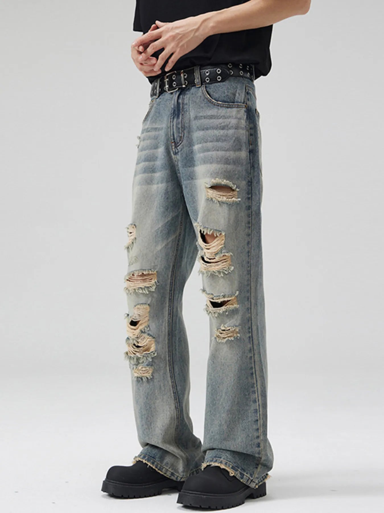 Men's Full Size Distressed Wide Leg Jeans Plus Size - -