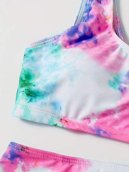 Bikini Tie Dye 2 Piece Swimsuit Set – Vibrant High Waist Comfortable Bikini with Round Neck Crop Top High Cut Leg and Comfortable Fit – Stylish Women's Swimwear for Summer Beach Vacations Pool Parties and Water Sports - - ST44BK0JAX