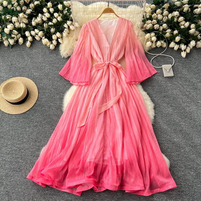 New Waist Tie Loose V-Neck Flared Sleeve Gradient Color Dress