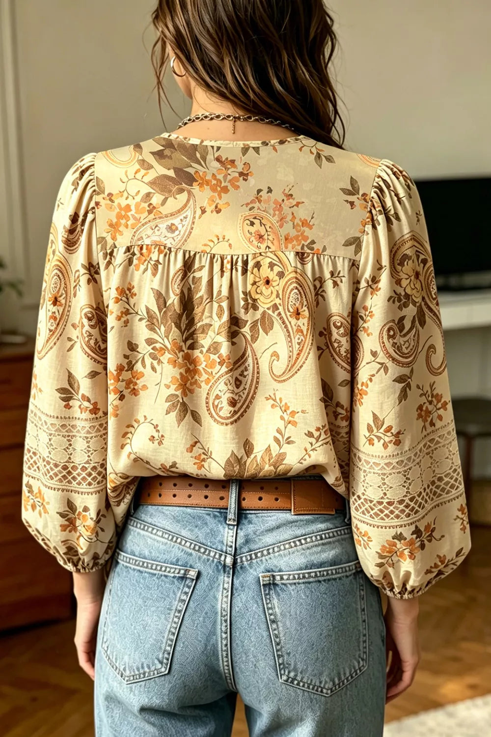 Paisley Print Decorative Binding Tape V Neck Shift Blouse - -